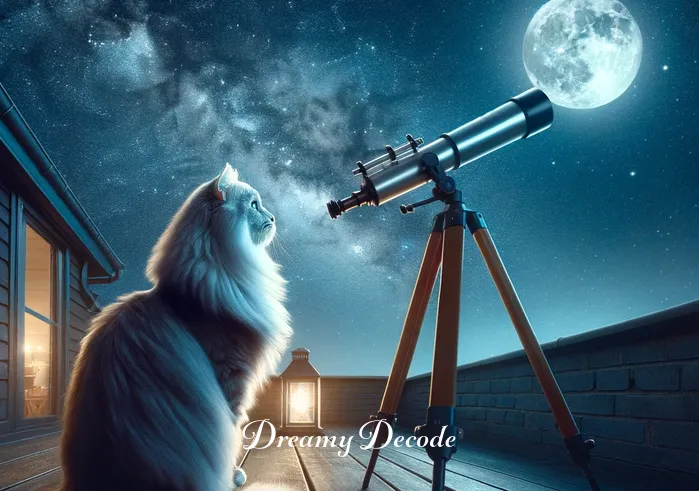 dream meaning cats _ The scene shifts to a moonlit rooftop where the cat, transformed into a majestic, silver-furred creature, sits regally beside a telescope, gazing at the stars. This signifies wisdom and guidance in the dream narrative.