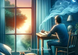 dream meaning cats _ The final scene depicts the dreamer, now awake, sitting at a window with a notebook, jotting down the dream. A real, small tabby cat is curled up beside them, symbolizing the connection between the dream world and reality.