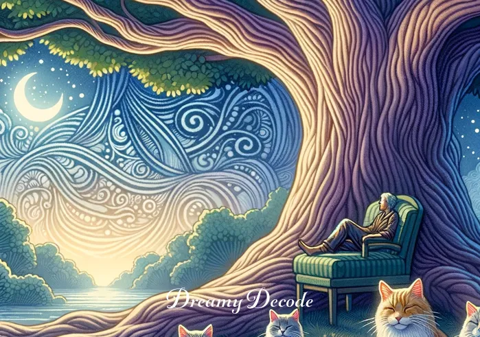 dream meaning of cats _ The dream concludes with the dreamer sitting under a large, ancient tree, surrounded by friendly, purring cats. This scene signifies comfort, acceptance, and the resolution of the dream journey.