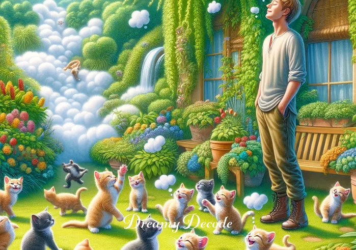 dream of cats meaning _ The dream shifts to a lush garden where the dreamer is playfully interacting with a group of lively kittens, representing joy and playfulness in life.