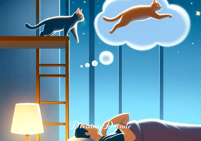 dream of cats meaning _ In the next scene, the dreamer watches a cat gracefully leap onto a high shelf, illustrating the concept of independence and self-reliance in the dreamer