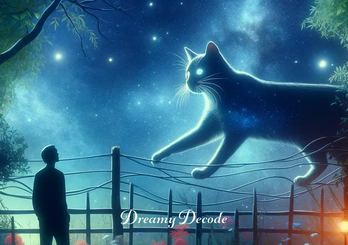 dream with cats meaning _ The same person, now in a dreamy garden setting under a starlit sky, observing a cat gracefully walking on a fence. The cat