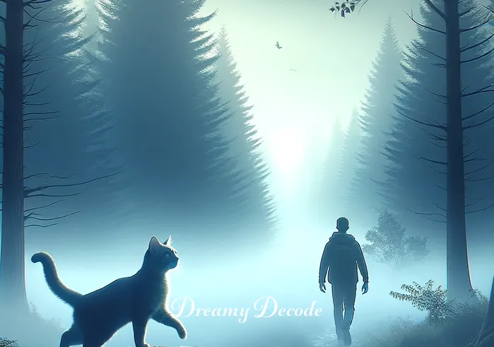 dream with cats meaning _ The scene shifts to a surreal landscape where the person is following a cat through a misty forest. The cat leads the way with confidence, symbolizing guidance and the pursuit of one