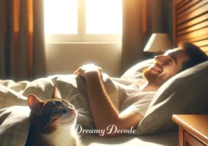 dream with cats meaning _ The final image depicts the person waking up in their bed, a smile on their face, as a real cat peacefully sleeps beside them. The warm morning light filters through the window, suggesting a new beginning and the positive impact of the dream journey with the cat, indicating fulfillment and contentment.