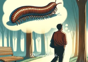 centipede dream meaning _ The final scene shows the person walking confidently in a park, with a sense of resolution and understanding. The centipede, once a prominent feature in the dream, now appears smaller and less significant in the background, symbolizing the resolution of the dream's mystery.