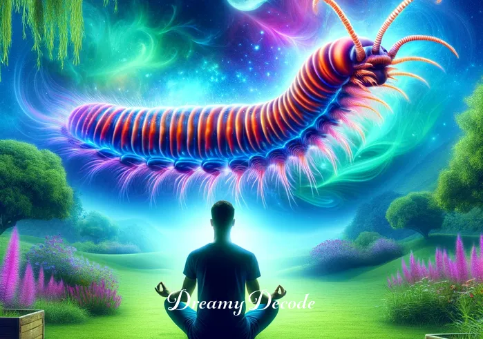 centipede dream spiritual meaning _ A person sitting peacefully in a serene garden, eyes closed in meditation. A vivid, ethereal image of a centipede appears in the air above, symbolizing the beginning of a spiritual journey or a revelation in the dream world.
