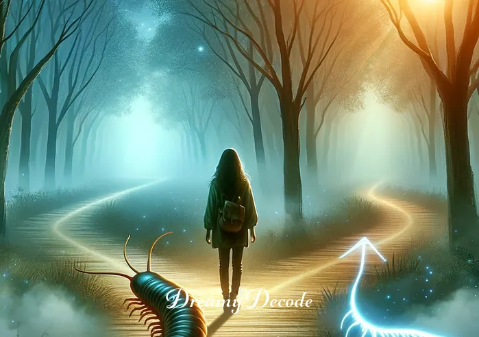 centipede dream spiritual meaning _ A dreamer stands at a crossroads in a mystical forest, with paths surrounded by mist. The centipede, glowing with a soft light, leads the way down one of the paths, suggesting guidance and direction in a spiritual quest.