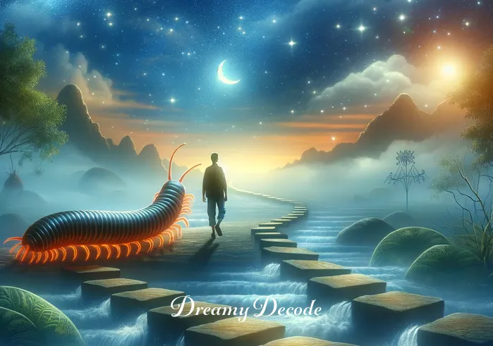 centipede dream spiritual meaning _ In a dreamlike landscape, under a starlit sky, the dreamer follows the centipede over a gently flowing stream on stepping stones. This scene symbolizes overcoming obstacles and progressing in the spiritual journey.