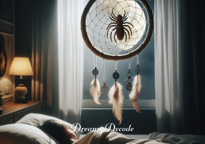 centipede in dream meaning _ A peaceful bedroom with moonlight streaming through a window, illuminating a dream catcher above a sleeping person