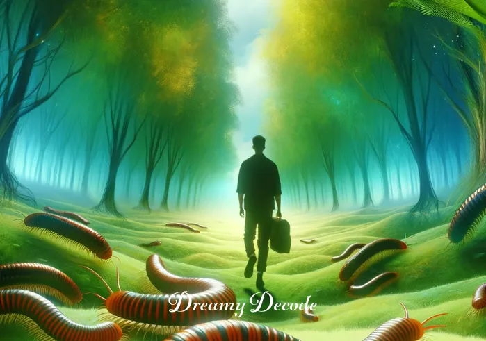 centipede in dream meaning _ A vivid dream scene where the person is walking in a lush, green forest. The forest floor is teeming with life, including small centipedes that crawl harmlessly around, representing the exploration of subconscious thoughts and fears in the dream.