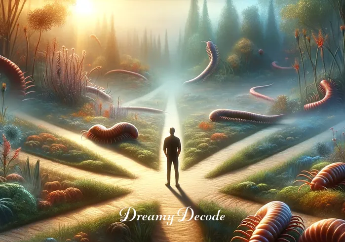 dream meaning centipede _ The dreamer stands at a crossroads in the garden, with various paths marked by centipedes, representing choices or decisions in the dreamer
