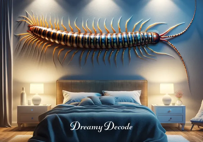 dream of centipede meaning _ A serene bedroom scene at night with a large, detailed centipede crawling on the wall. The centipede is colorful and intricate, but the overall mood is peaceful and not threatening. This image symbolizes the initial encounter with a centipede in a dream, representing unexpected discovery and curiosity.