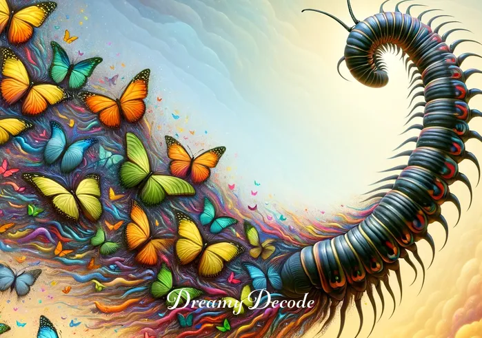 dream of centipede meaning _ A surreal image of a centipede transforming into a stream of bright, colorful butterflies. The transformation is depicted in a fluid, dynamic manner, illustrating the dreamer