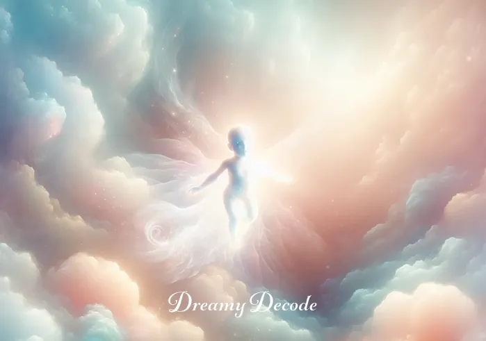 baby girl dream meaning _ An ethereal and dream-like illustration where a luminous figure of a baby girl appears amidst soft, pastel-colored clouds. The image radiates a gentle and nurturing ambiance, symbolizing purity and new beginnings.