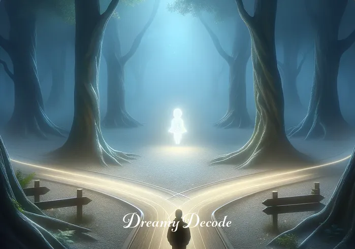 baby girl dream meaning _ A symbolic representation of a dream, showing a person standing at a crossroads in a mystical forest. In one direction, the path is illuminated by a soft, glowing light, subtly shaped like a baby girl, representing choice and potential.