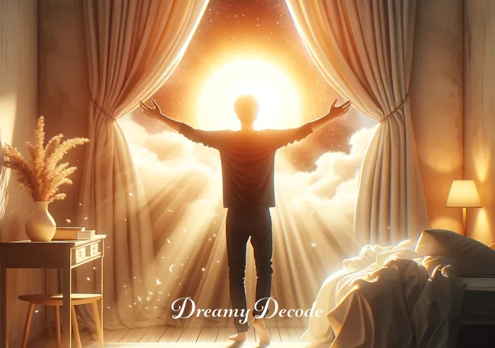 baby girl dream meaning _ A heartwarming depiction of the person from the first image waking up with a sense of awe and joy. The room is now bathed in morning light, suggesting a new day and a positive perspective influenced by the dream.