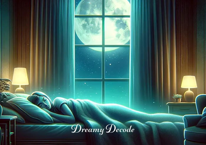 meaning of surviving an accident in a dream _ A serene bedroom at night, with the moon casting a gentle glow through the window. A person is asleep, wrapped in cozy blankets, with a peaceful expression on their face. This scene represents the beginning of a dream where one navigates a challenging scenario, symbolizing inner peace before encountering turmoil.