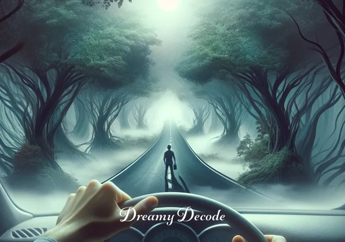 meaning of surviving an accident in a dream _ A dream sequence showing the dreamer in a car, hands calmly on the wheel, driving on a winding road surrounded by lush greenery. The road ahead appears misty, symbolizing the uncertainty and unpredictability of the journey within the dream.