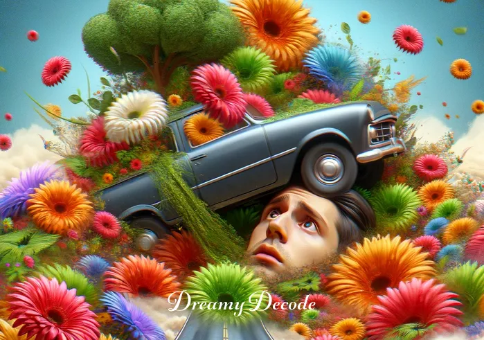 meaning of surviving an accident in a dream _ An image within the dream where the car has veered off the road but is cushioned by a pile of soft, vibrant flowers. The dreamer looks surprised but unharmed, symbolizing survival and resilience in the face of adversity.