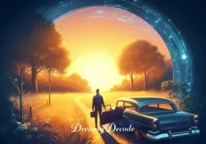 meaning of surviving an accident in a dream _ The final scene in the dream, where the dreamer stands beside the car, now parked in a beautiful, sunlit meadow. They are looking towards the horizon with a hopeful gaze, representing overcoming challenges and finding tranquility after a tumultuous experience.