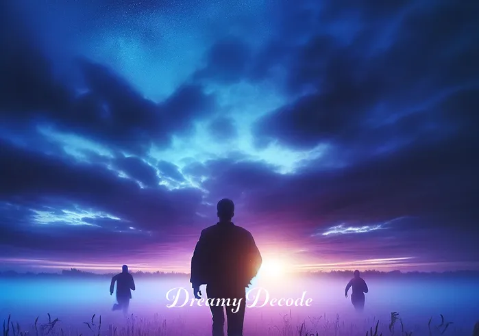 being chased by a man dream meaning _ A surreal scene where an individual is standing in an open, misty field at twilight, looking around with a sense of confusion and uncertainty. The sky is a blend of purple and blue hues, casting a dreamlike glow over the scene. There