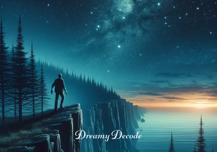 being chased by a man dream meaning _ A captivating depiction of the individual reaching a cliff overlooking a vast ocean under a starry night sky. They appear to pause, catching their breath, and looking back towards the forest with a mix of relief and lingering apprehension. The scene symbolizes a momentary respite in the midst of a dream chase.