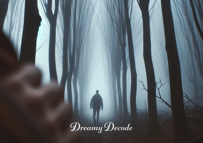 being chased dream meaning _ A shadowy figure looms in the distance of a foggy forest, seen from the perspective of someone hidden among the trees. The atmosphere is eerie but not threatening, capturing the essence of being pursued in a dream.