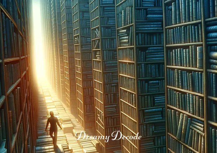 being chased dream meaning _ The scene shifts to a labyrinth of tall, ancient bookshelves, with the dreamer navigating through them, glancing over their shoulder. The sense of urgency is palpable, but there