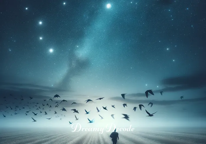 being chased dream meaning _ Now in a vast, empty field under a starry sky, the dreamer is seen running lightly, looking back at a flock of birds that seem to be following them. The image conveys a sense of escape and freedom rather than fear.