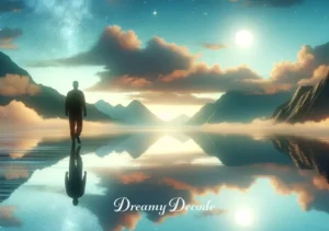 being chased dream meaning _ The final image depicts the dreamer reaching a serene lake, the chase ending. They stand at the water's edge, looking at their reflection, symbolizing self-confrontation and the resolution of the chase in the dream.