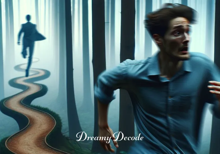 being chased in a dream meaning _ The same person now running along a twisted, surreal path in the forest, their expression one of mild fear and urgency. Behind them, a blurred figure is just visible in the chase, adding to the dreamlike, mysterious atmosphere.
