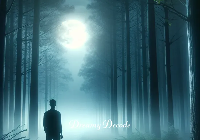 being chased in a dream spiritual meaning _ A dreamer standing at the edge of a misty forest, looking apprehensively into the dense trees. The atmosphere is eerie but not threatening, with a full moon casting a soft glow over the scene, symbolizing the beginning of a spiritual journey or the confrontation of unknown fears in a dream.
