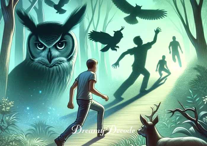 being chased in a dream spiritual meaning _ The dreamer tentatively steps into the forest, with shadowy figures of animals like owls and deer visible in the background, representing guidance and intuition in a spiritual chase dream. The path is unclear, but the dreamer