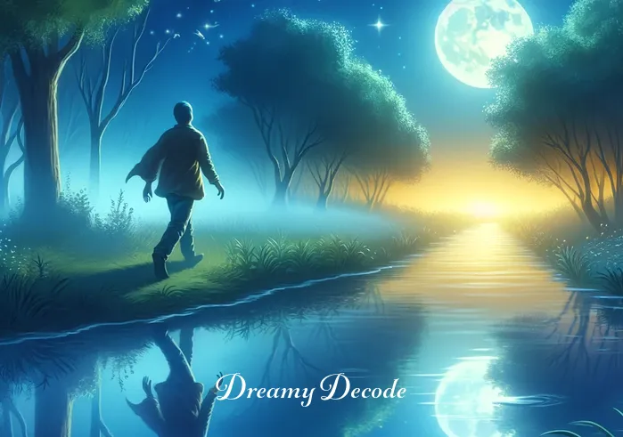 being chased in a dream spiritual meaning _ The dreamer reaches the clearing, where a tranquil pond reflects the moonlight. The dreamer looks at their reflection, signifying self-awareness and the end of the chase. The serene environment represents peace and enlightenment achieved through the spiritual journey in the dream.