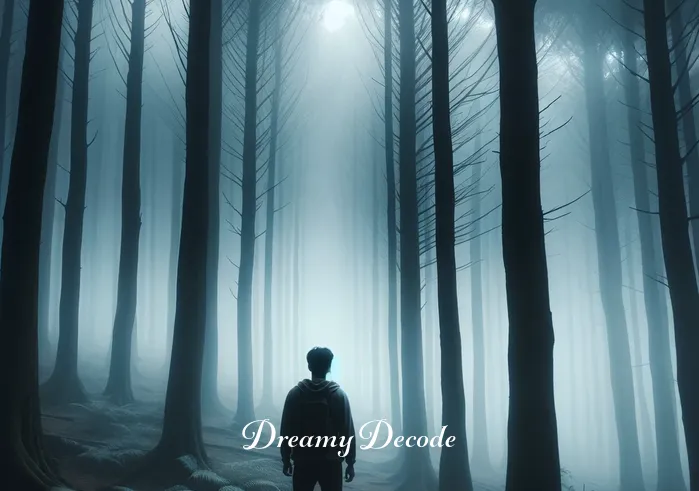 being chased in dream meaning _ A person standing at the edge of a misty forest, looking apprehensively into the dense trees. The forest appears mysterious and slightly ominous, with shadows that seem to shift subtly, creating an atmosphere of uncertainty and anticipation.