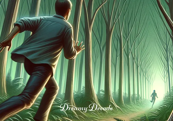 being chased in dream meaning _ A scene deeper in the forest where the person is now running, glancing back over their shoulder with a look of mild fear and urgency. The forest has become denser, with thicker foliage and less light, symbolizing the escalating intensity of the chase and the growing anxiety in the dream.
