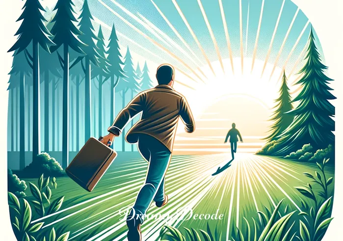 being chased in dream meaning _ The final image shows the person emerging from the forest into a bright, open field, their expression one of relief and liberation. The sun is shining, and the forest's edge is behind them, suggesting a successful escape and the overcoming of fears or obstacles represented by the chase.