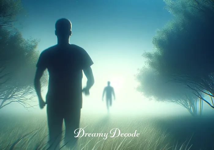 chased dream meaning _ A shadowy, indistinct figure appearing in the distance behind the person in the meadow, symbolizing the feeling of being pursued in a dream. The figure is not threatening but adds a sense of urgency to the dream