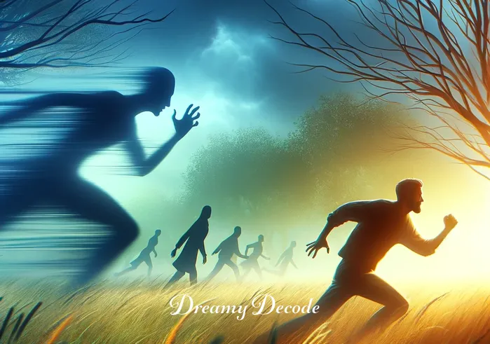 chased dream meaning _ The person in the meadow beginning to run, with the shadowy figure getting closer but still remaining non-threatening. This image captures the climax of the chase in the dream, representing the dreamer