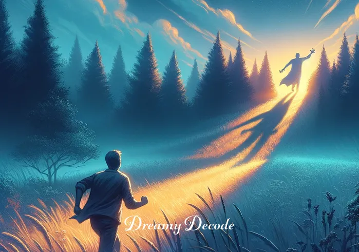 chased dream meaning _ The person in the meadow reaching a safe, brightly lit clearing, looking back to see that the shadowy figure has disappeared. This final image symbolizes the resolution of the chase in the dream, reflecting the dreamer's ability to face and overcome challenges, leading to a sense of relief and empowerment.