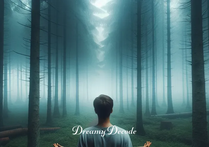 chased in dream meaning _ A dreamer standing at the edge of a misty forest, looking apprehensively into the dense trees. Their expression is one of uncertainty and anticipation, as if they are about to embark on a journey or face a challenge. The forest is shrouded in a light fog, creating a mysterious and slightly ominous atmosphere.