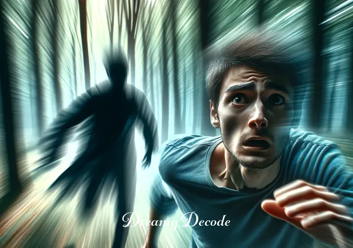 chased in dream meaning _ The dreamer is now running through the forest, with a clearer sense of urgency. Their face shows fear and determination. Behind them, a blurred figure or shadow can be seen in pursuit, adding to the intensity of the chase. The forest around them is a blur, emphasizing the speed of their flight.