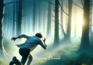 chased in dream meaning _ The final image shows the dreamer reaching a clearing in the forest, the chase seemingly behind them. They are bent over, catching their breath, with a look of relief mixed with exhaustion. The forest around them is now serene and bathed in soft sunlight, suggesting safety and the end of the ordeal.