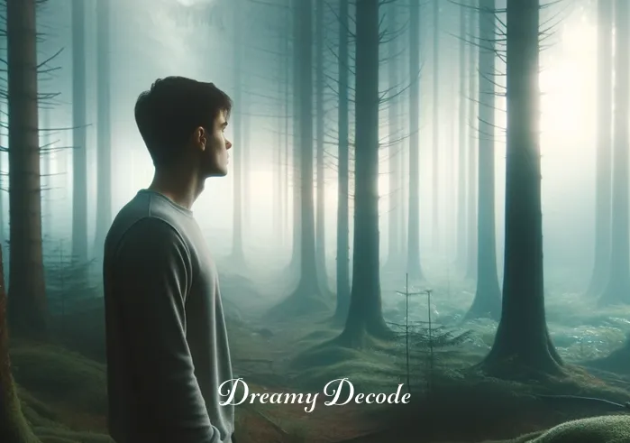 dream meaning being chased _ A person standing in a serene, misty forest, looking around with a slightly anxious expression. Their body language suggests uncertainty and a feeling of being watched or followed. The forest is ethereal, with soft light filtering through the trees, creating a dream-like ambiance.
