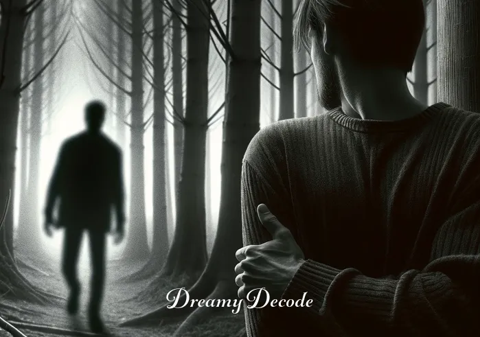 dream meaning being chased _ The same person now moving cautiously through the forest, glancing over their shoulder. Behind them, a vague, shadowy figure can be seen in the distance, adding an element of pursuit to the scene. The surroundings are still peaceful, yet there