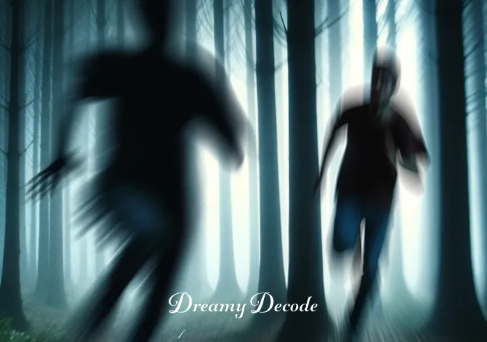 dream meaning being chased _ The scene shifts to show the person running, with a clear look of fear on their face. The shadowy figure is now closer, creating a more intense atmosphere of being chased. The forest around them blurs as they focus solely on escape, emphasizing the dream
