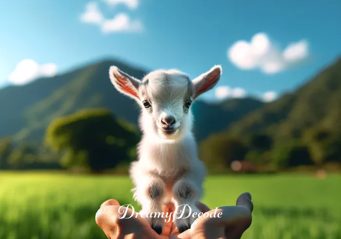 baby goat dream meaning _ A person standing in a lush green field under a clear blue sky, looking at a small, playful baby goat. The goat, with its soft white fur and curious eyes, approaches the person, symbolizing innocence and new beginnings in a dream.
