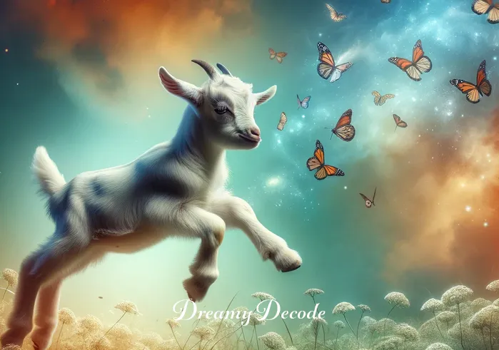 baby goat dream meaning _ The baby goat is now playfully jumping around in the field, with butterflies fluttering around it. This scene symbolizes freedom and playfulness, indicating a dream meaning of liberation from constraints and a joyful approach to life