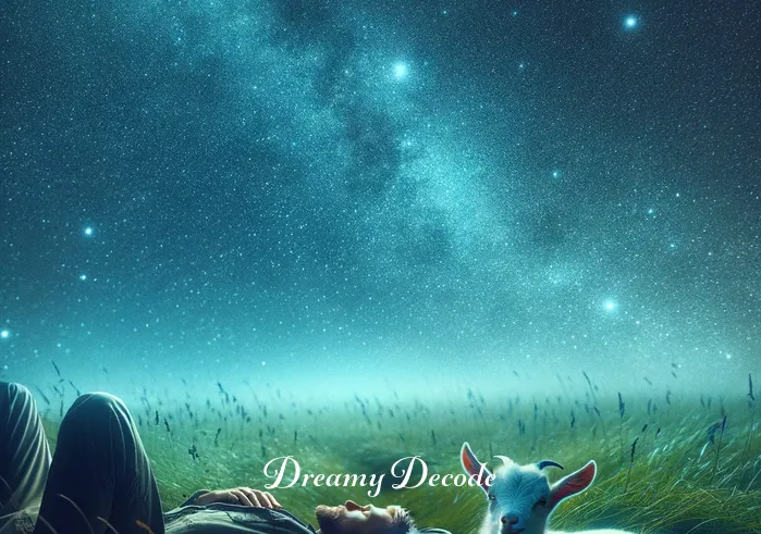 baby goat dream meaning _ The person and the baby goat are now lying on the grass, looking at the stars in the night sky. This serene and peaceful image represents contemplation and inner peace, suggesting a dream interpretation of finding tranquility and harmony in one's life.