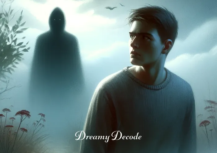 dream meaning being chased and caught _ A person in a dreamlike landscape, looking apprehensively over their shoulder. In the background, a shadowy figure looms, partially obscured by mist, giving a sense of being pursued.